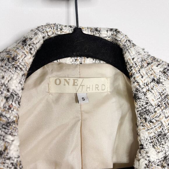 One Third Small S Black White Tweed Blazer Gold Buttons Jacket Cream Career Work - Picture 7 of 9